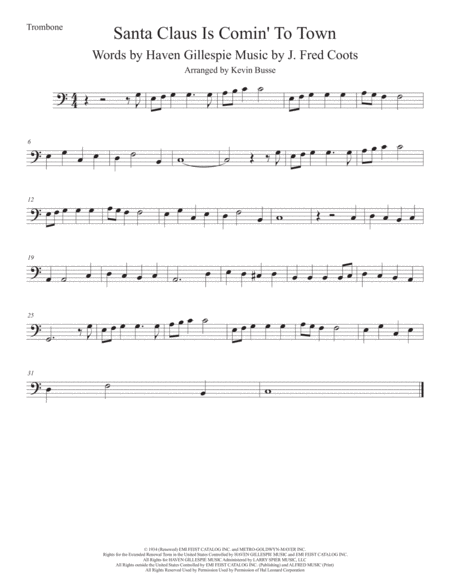 Santa Claus Is Comin To Town Original Key Trombone Sheet Music