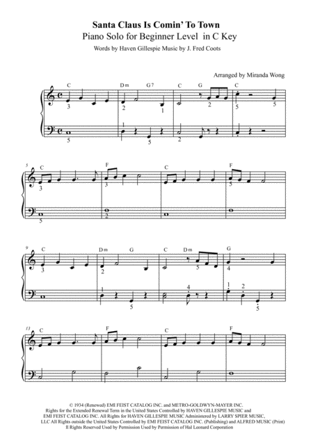 Santa Claus Is Comin To Town Very Easy Piano Solo In C Key With Fingerings Sheet Music