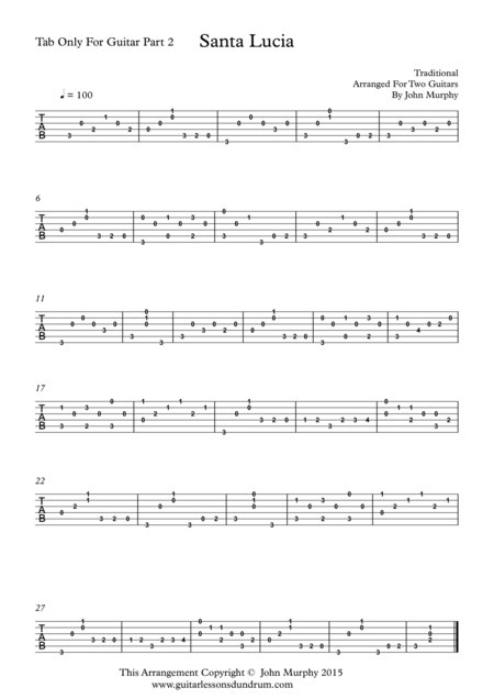 Santa Lucia For Guitar Duo Tab Only For Guitar Part 2 Sheet Music