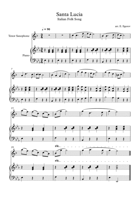 Santa Lucia Italian Folk Song For Tenor Saxophone Piano Sheet Music