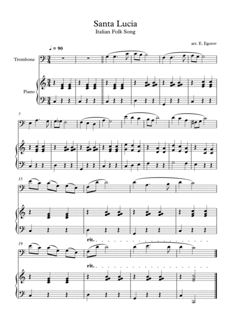 Free Sheet Music Santa Lucia Italian Folk Song For Trombone Piano