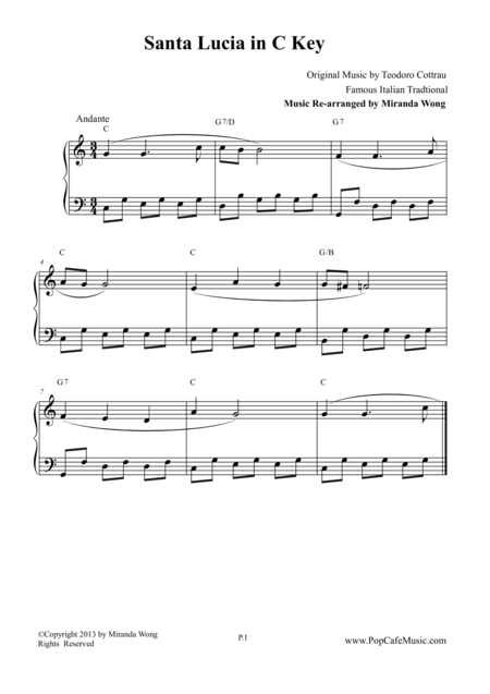 Free Sheet Music Santa Lucia Piano Solo In C Key