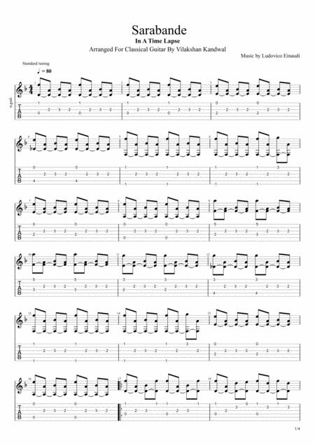 Sarabande Ludovico Einaudi Classical Guitar Transcription Sheet Music