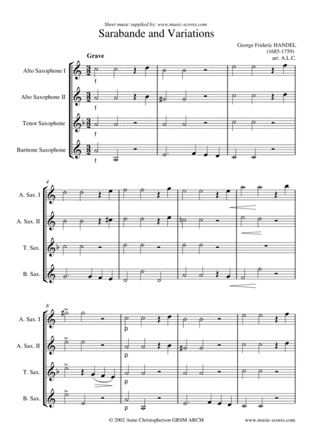 Sarabande Sax Quartet C Minor Sheet Music