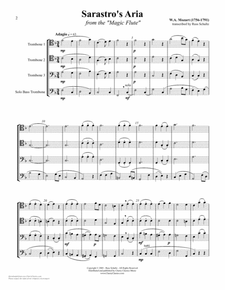 Free Sheet Music Sarastros Aria From The Magic Flute For Trombone Quartet