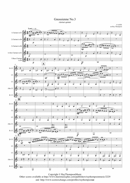 Satie Gnossienne No 3 Clarinet Quintet Sheet Music