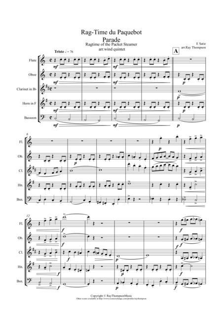 Satie Rag Time Du Paquebot Ragtime Of The Packet Steamer Steampacket From The Ballet Parade Wind Quintet Sheet Music