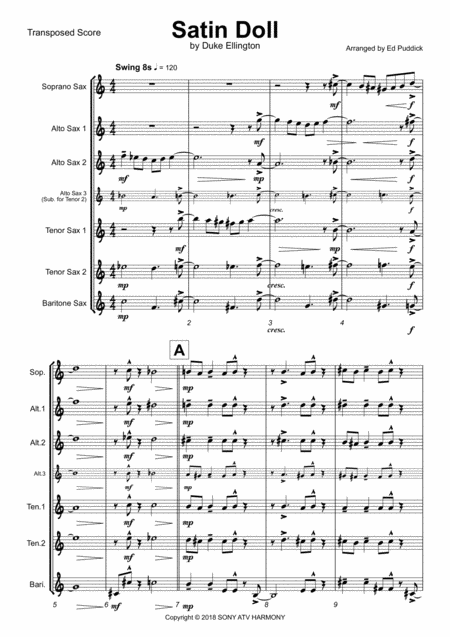 Satin Doll Instr Contemporary Arrangement For Saxophone Ensemble Saattb Sheet Music