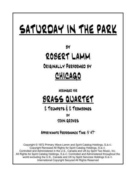 Saturday In The Park For 2 Trumpets 2 Trombones Brass Quartet Sheet Music