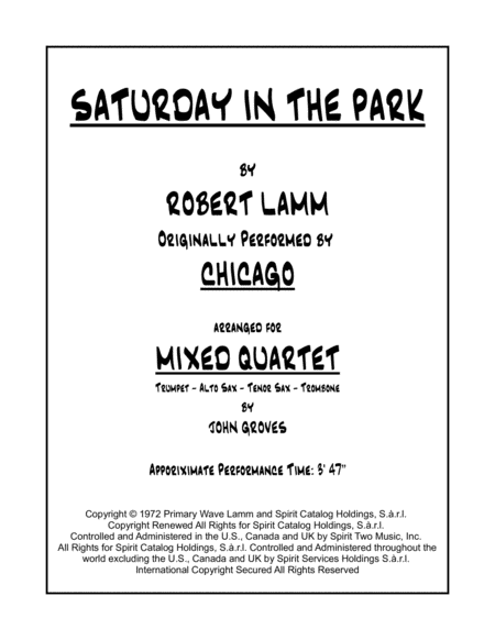 Saturday In The Park For Trumpet Alto Sax Tenor Sax Trombone Mixed Quartet Sheet Music