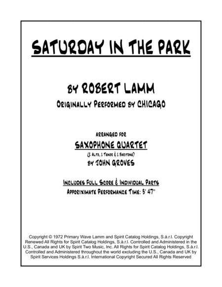 Free Sheet Music Saturday In The Park Saxophone Quartet