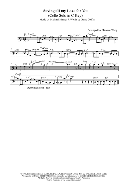 Free Sheet Music Saving All My Love For You Cello Solo Or Double Bass In C Key With Chords