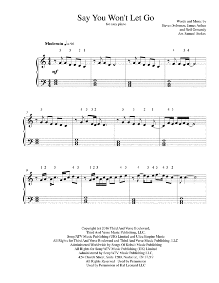 Free Sheet Music Say You Wont Let Go For Easy Piano