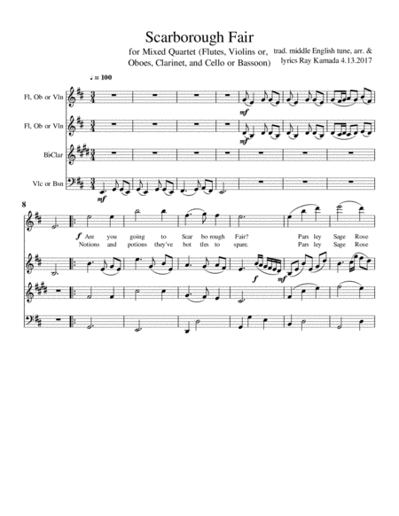 Scarborough Fair For Flute Or Violin Or Oboe B Flat Clarinet And Cello Or Bassoon With Wedding Lyrics Sheet Music