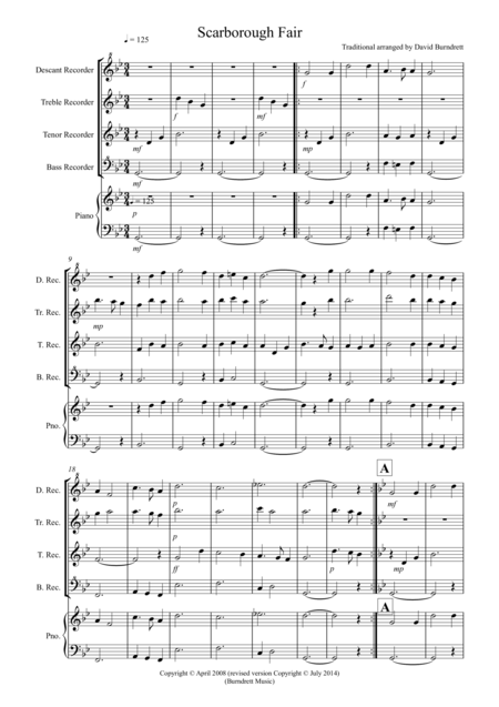 Scarborough Fair For Recorder Quartet Sheet Music