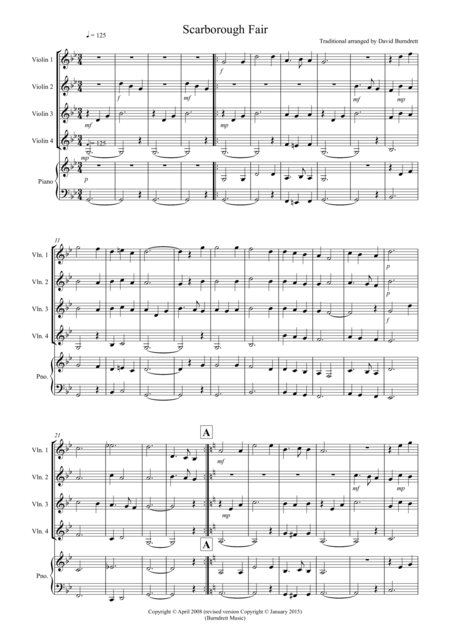 Scarborough Fair For Violin Quartet Sheet Music