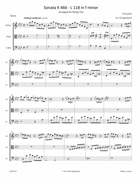 Scarlatti D Sonata In F Minor K 466 L 118 Arr For String Trio Sheet Music