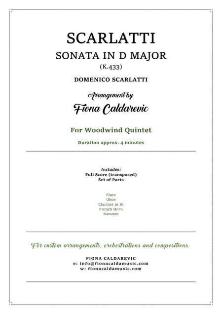 Free Sheet Music Scarlatti Sonata In D Major K 433 For Woodwind Quintet