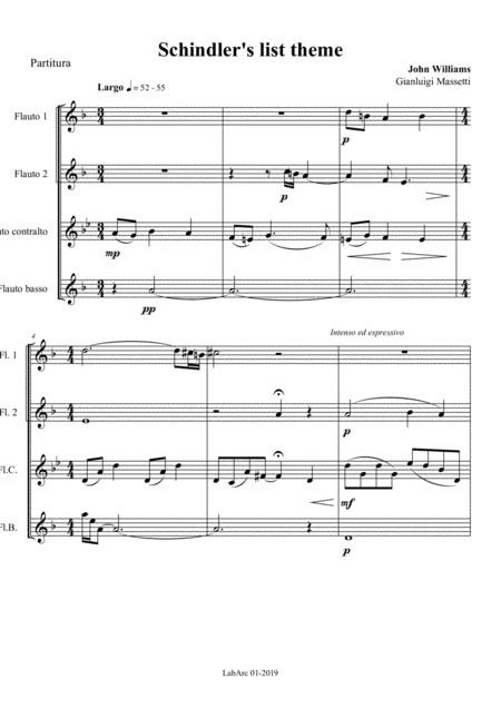 Schindlers List Flute Quartet Sheet Music