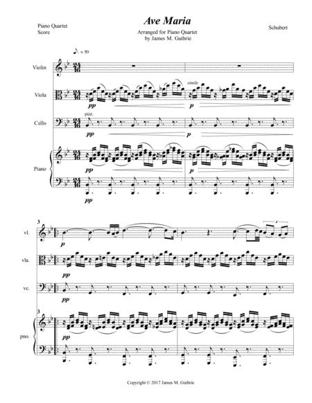 Schubert Ave Maria For Piano Quartet Sheet Music