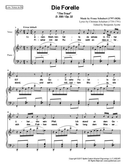 Free Sheet Music Schubert Die Forelle The Trout For Low Voice In Bb