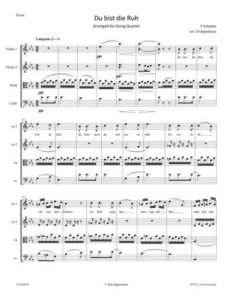 Schubert Du Bist Die Ruh D 776 Arranged For String Quartet Option Replace Violin 1 With Voice Sheet Music