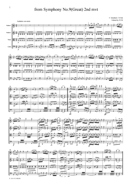 Free Sheet Music Schubert From Symphony No 9 Great 2nd Mvt For String Quartet Cs007