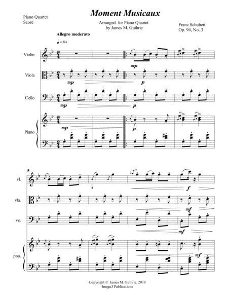 Schubert Moment Musicaux For Piano Quartet Sheet Music