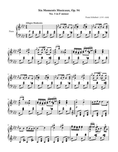 Free Sheet Music Schubert Moments Musical Op94 No 3 In F Minor Original Version