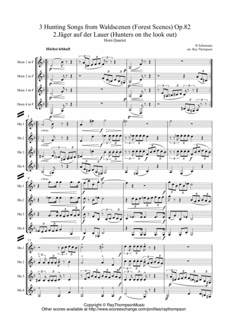 Free Sheet Music Schumann 3 Hunting Songs From Waldscenen Forest Scenes Op 82 Horn Quartet