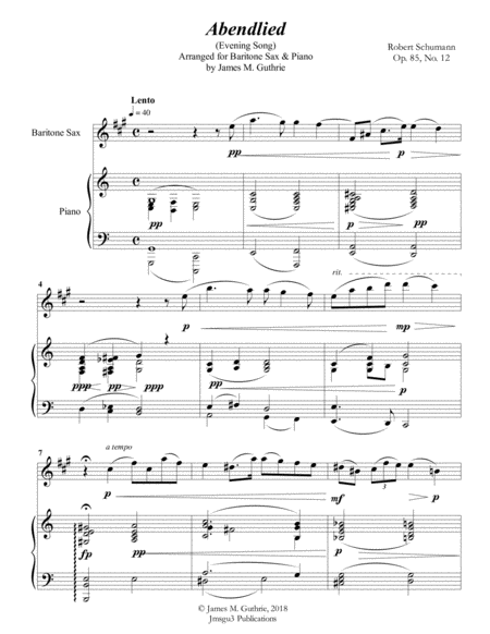 Free Sheet Music Schumann Abendlied For Baritone Sax Piano