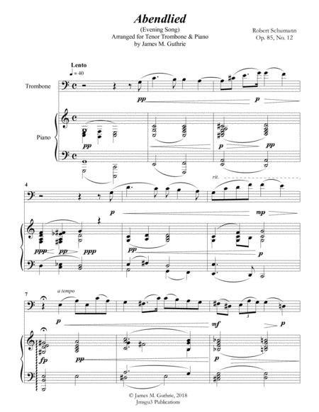 Free Sheet Music Schumann Abendlied For Tenor Trombone Piano