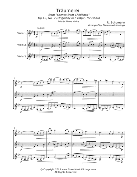 Schumann R Traumerei For Three Violins Sheet Music