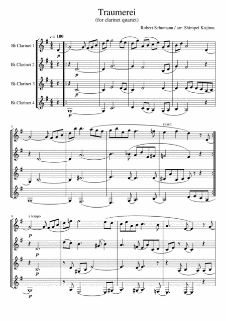 Schumann Traumerei For Clarinet Quartet Sheet Music