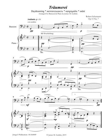 Schumann Trumerei Op 15 No 7 For Bassoon Piano Sheet Music