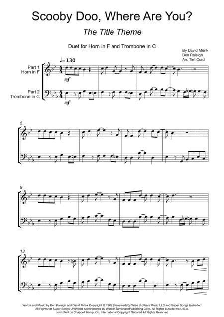 Free Sheet Music Scooby Doo Where Are You Duet For Horn In F And Trombone In C