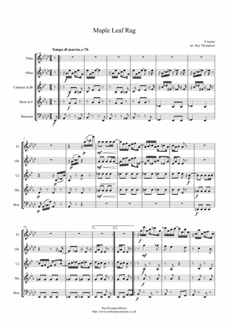 Free Sheet Music Scott Joplin Maple Leaf Rag Wind Quintet