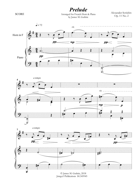 Free Sheet Music Scriabin Prelude Op 11 No 2 For French Horn Piano