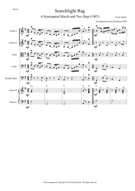 Free Sheet Music Searchlight Rag Scott Joplin For String Quartet Orchestra With Optional Piano