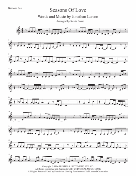 Seasons Of Love Bari Sax Easy Key Of C Sheet Music