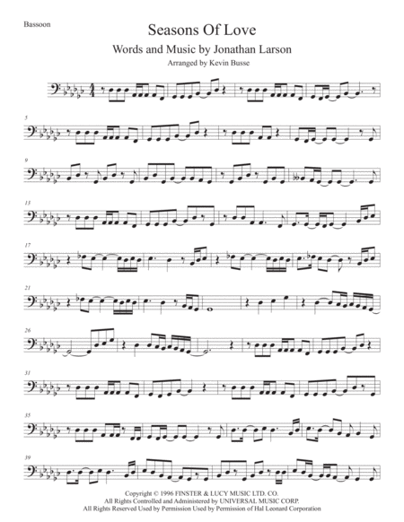 Seasons Of Love Bassoon Original Key Sheet Music