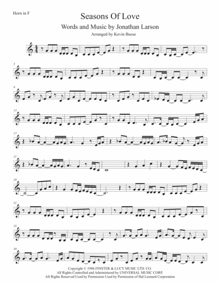 Free Sheet Music Seasons Of Love Horn In F Easy Key Of C