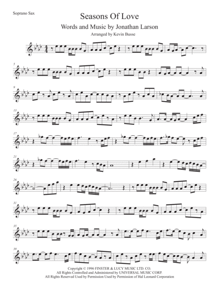 Seasons Of Love Soprano Sax Original Key Sheet Music