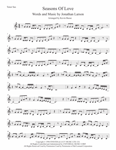 Free Sheet Music Seasons Of Love Tenor Sax Easy Key Of C