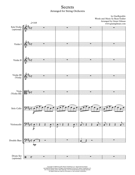 Secrets Arranged For String Orchestra Optional Drum Set Sheet Music