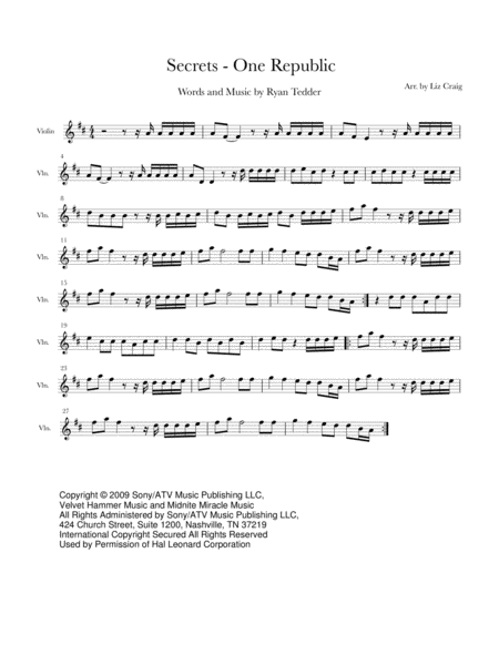 Secrets Onerepublic For Solo Violin Sheet Music