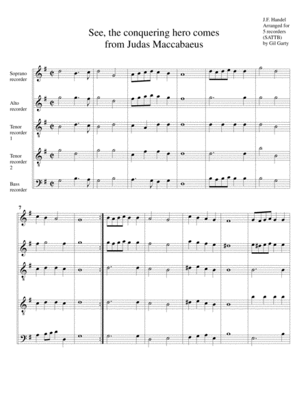 See The Conquering Hero Comes From Judas Maccabaeus Arrangement For 5 Recorders Sheet Music
