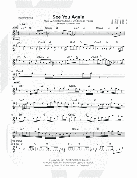 Free Sheet Music See You Again Allen Music Alto Saxophone