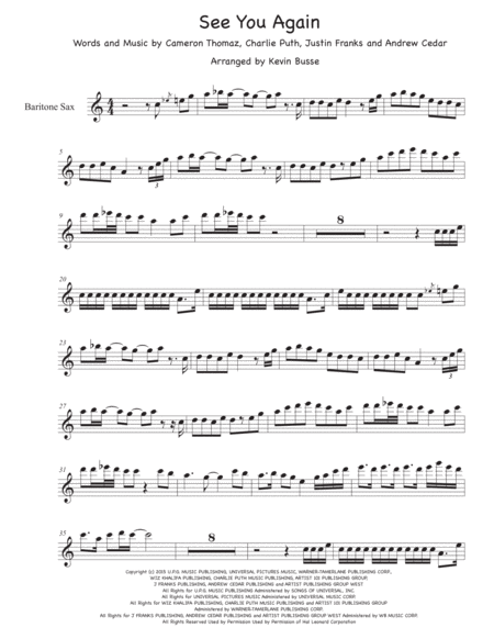 Free Sheet Music See You Again Easy Key Of C Bari Sax