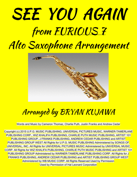 See You Again From Furious 7 Alto Sax Solo Sheet Music